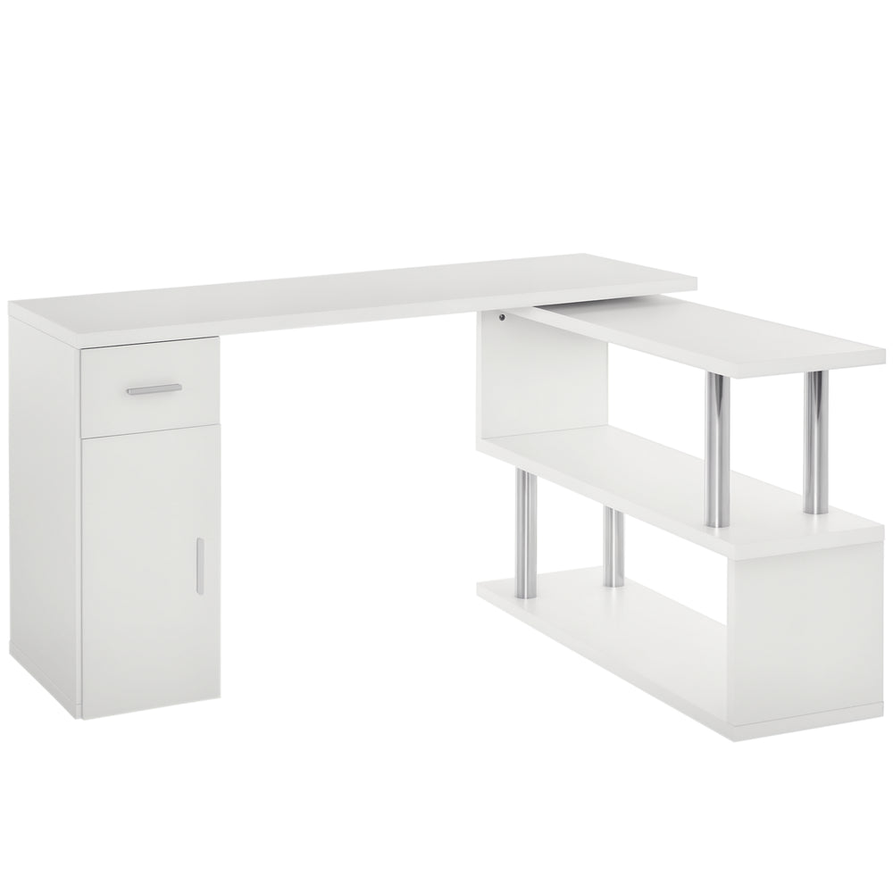 Bureau d'ordinateur rotatif en L avec étagères de rangement, armoire et tiroir, blanc