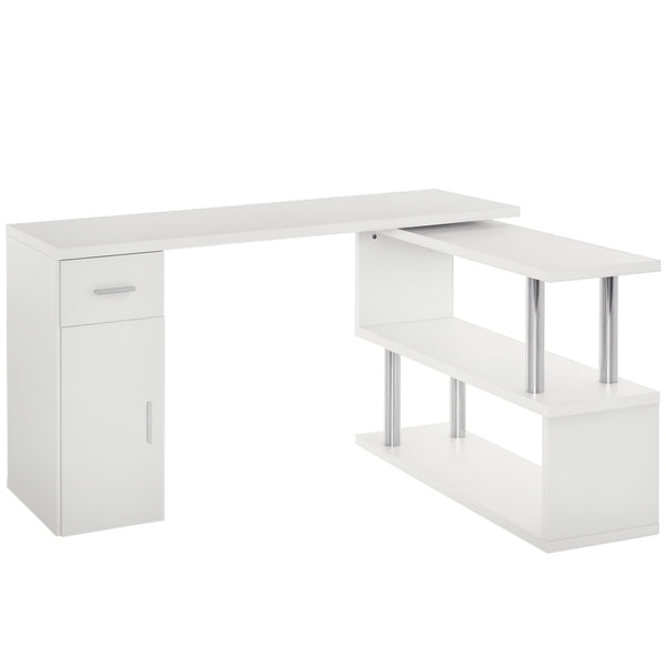 Bureau d'ordinateur rotatif en L avec étagères de rangement, armoire et tiroir, blanc