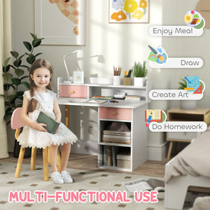 Kids Study Table and Chair Set with Storage and Shelves, for 3-8 Year Olds, Pink