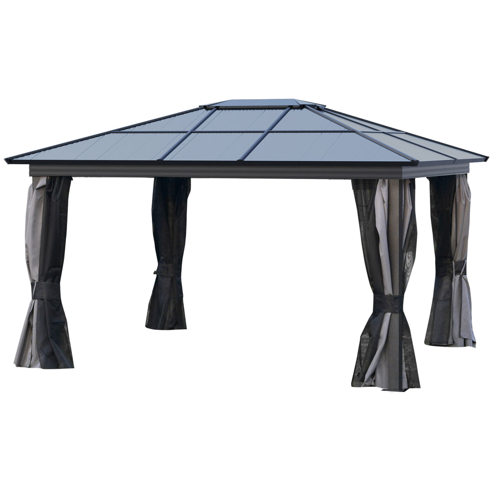 12' x 15' Hardtop Gazebo Canopy with Polycarbonate Roof, Aluminum Frame, Netting, Curtains and Ceiling Hook, Dark Grey