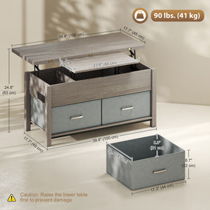 Table basse relevable et extensible avec prises électriques, ports USB et 5 espaces de rangement – Gris foncé