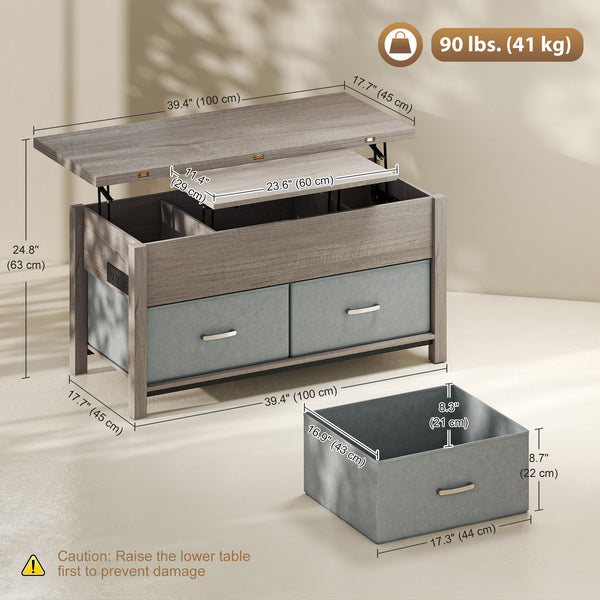 Table basse relevable et extensible avec prises électriques, ports USB et 5 espaces de rangement – Gris foncé