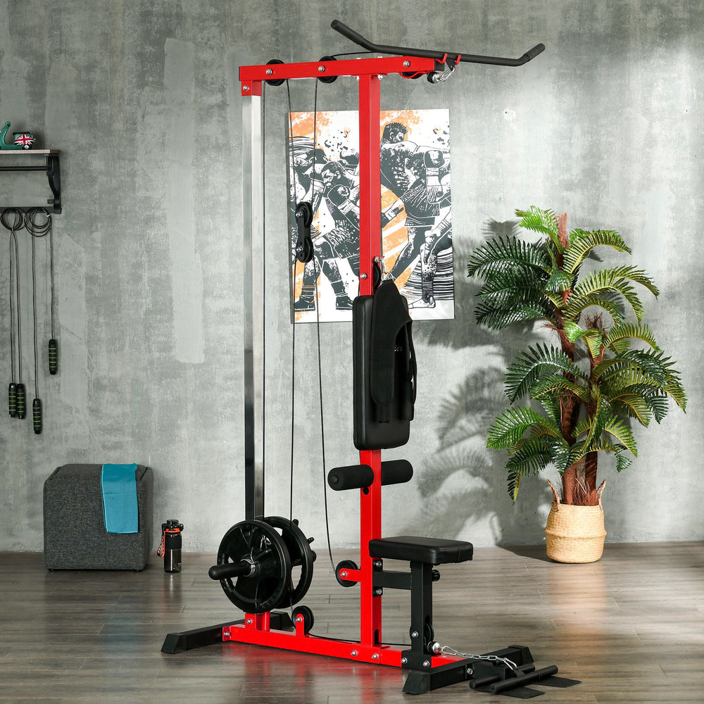 Machine à tirage vertical avec siège réglable et repose-pieds relevable, rouge