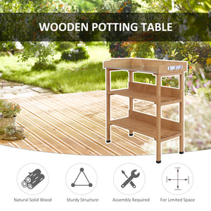 Wooden garden table with storage shelf for tools and hooks