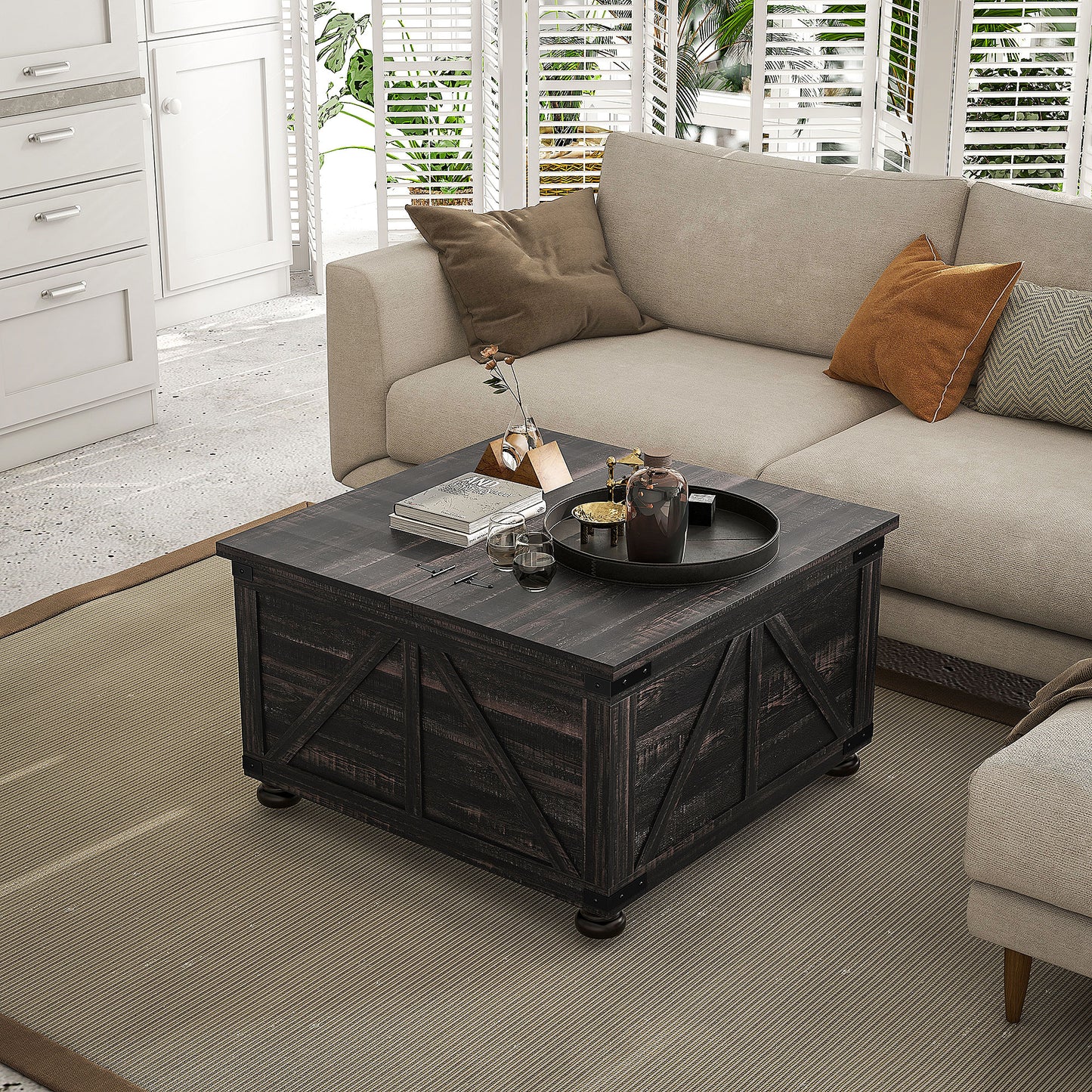 Table basse de style ferme avec couvercles rabattables, compartiment de rangement dissimulé et pieds en bois, marron vieilli