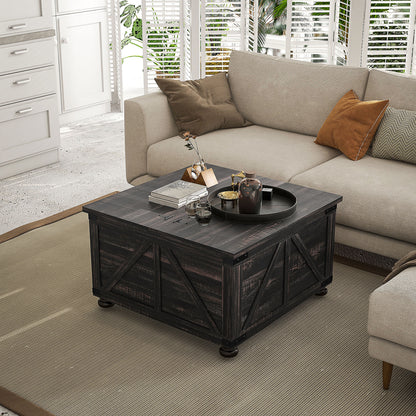 Table basse de style ferme avec couvercles rabattables, compartiment de rangement dissimulé et pieds en bois, marron vieilli