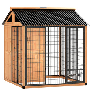 86" L Outdoor Dog House, Wooden Dog Kennel with Storage Cabinet, Stainless Steel Bowls for Large Breeds, Yellow