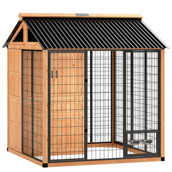 86" L Outdoor Dog House, Wooden Dog Kennel with Storage Cabinet, Stainless Steel Bowls for Large Breeds, Yellow