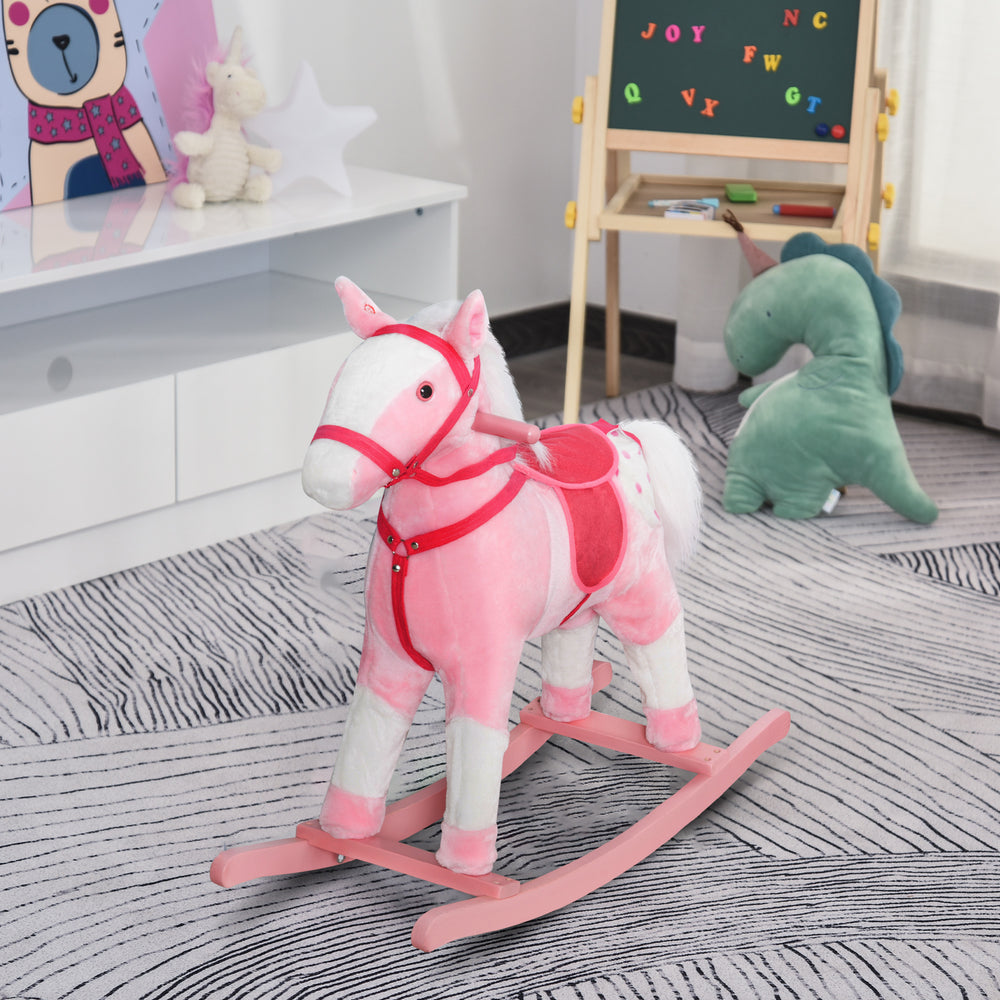 Cheval à bascule en peluche avec son réaliste, rose clair