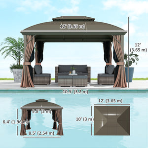 Gazebo 10' x 12' à toit rigide avec double toit, filet et rideaux pour jardin, cour, terrasse,