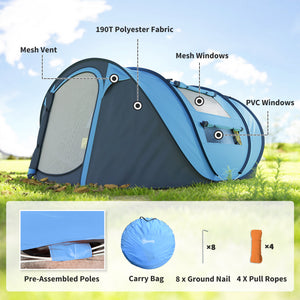 Tente de camping 4 personnes, montage instantané facile avec portes, fenêtres et sac de transport, idéale pour la randonnée, bleue