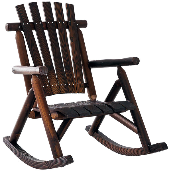 Adirondack style outdoor rocking chair with high back and slatted seat