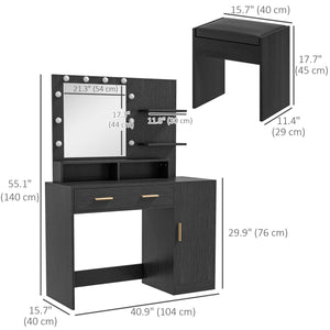 Coiffeuse lumineuse à LED avec tabouret, tiroir et étagères, noir