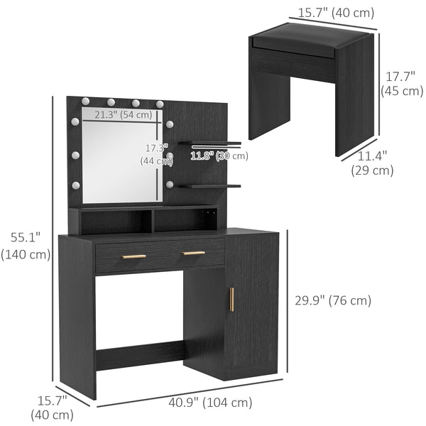 Coiffeuse lumineuse à LED avec tabouret, tiroir et étagères, noir