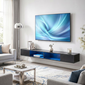 Meuble TV avec lumières LED RVB, centre de divertissement avec étagères ouvertes pour téléviseur de 75 pouces, grain de bois noir