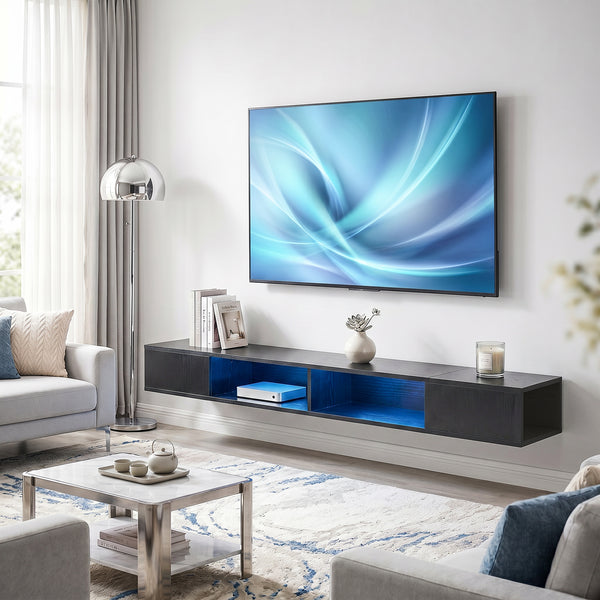 Meuble TV avec lumières LED RVB, centre de divertissement avec étagères ouvertes pour téléviseur de 75 pouces, grain de bois noir