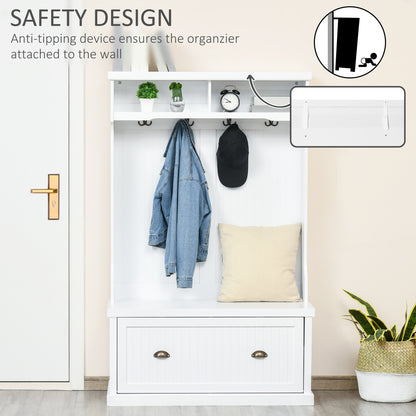 Armoire 3 en 1 avec 4 crochets doubles et 2 étagères, cintre pour entrée, salon, blanc