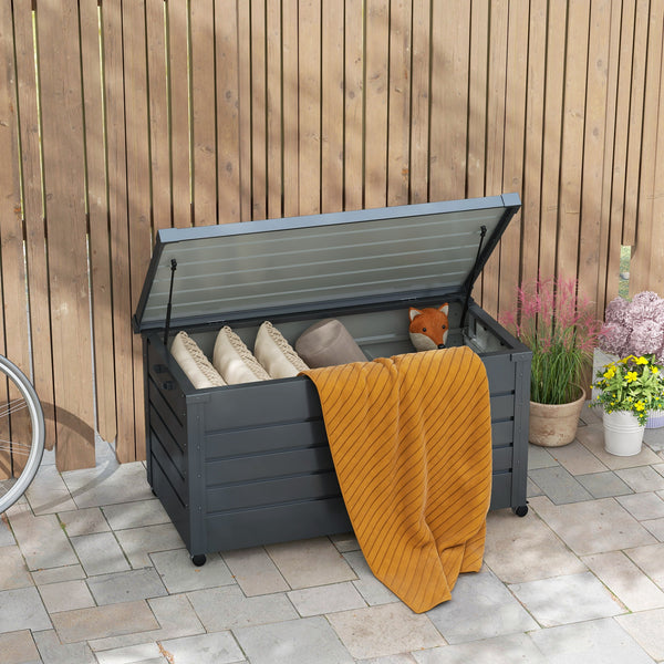 Waterproof garden storage box with wheels and handles, dark grey