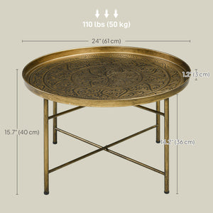 Vintage round coffee table with hammered top and metal frame, gold
