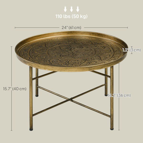 Vintage round coffee table with hammered top and metal frame, gold