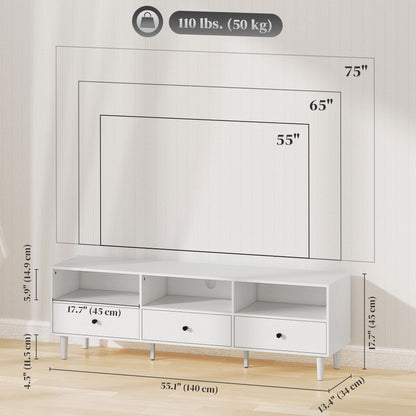 Meuble TV jusqu'à 75 pouces avec 3 étagères de rangement et 3 tiroirs, blanc