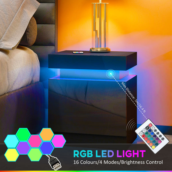Table de chevet avec éclairage LED et 2 tiroirs, noire