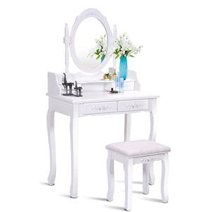 Wooden vanity set with oval mirror and 4 drawers for children, white