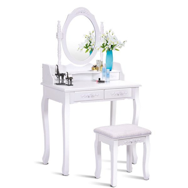 Wooden vanity set with oval mirror and 4 drawers for children, white