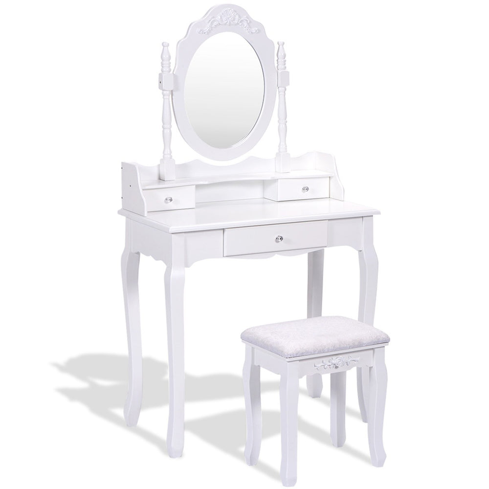 Ensemble de coiffeuse avec tabouret rembourré avec miroir ovale rotatif à 360 ° et trois tiroirs - Blanc