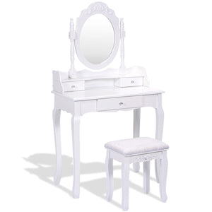Dressing table set with padded stool, 360° rotating oval mirror and three drawers - White