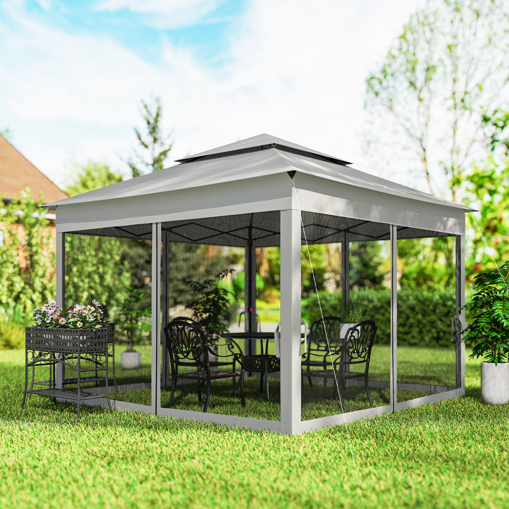 11' x 11' Pop Up Canopy 2-Tier Soft Top Shelter Event Tent w/ Netting Carry Bag for Patio Backyard Garden, Light Grey
