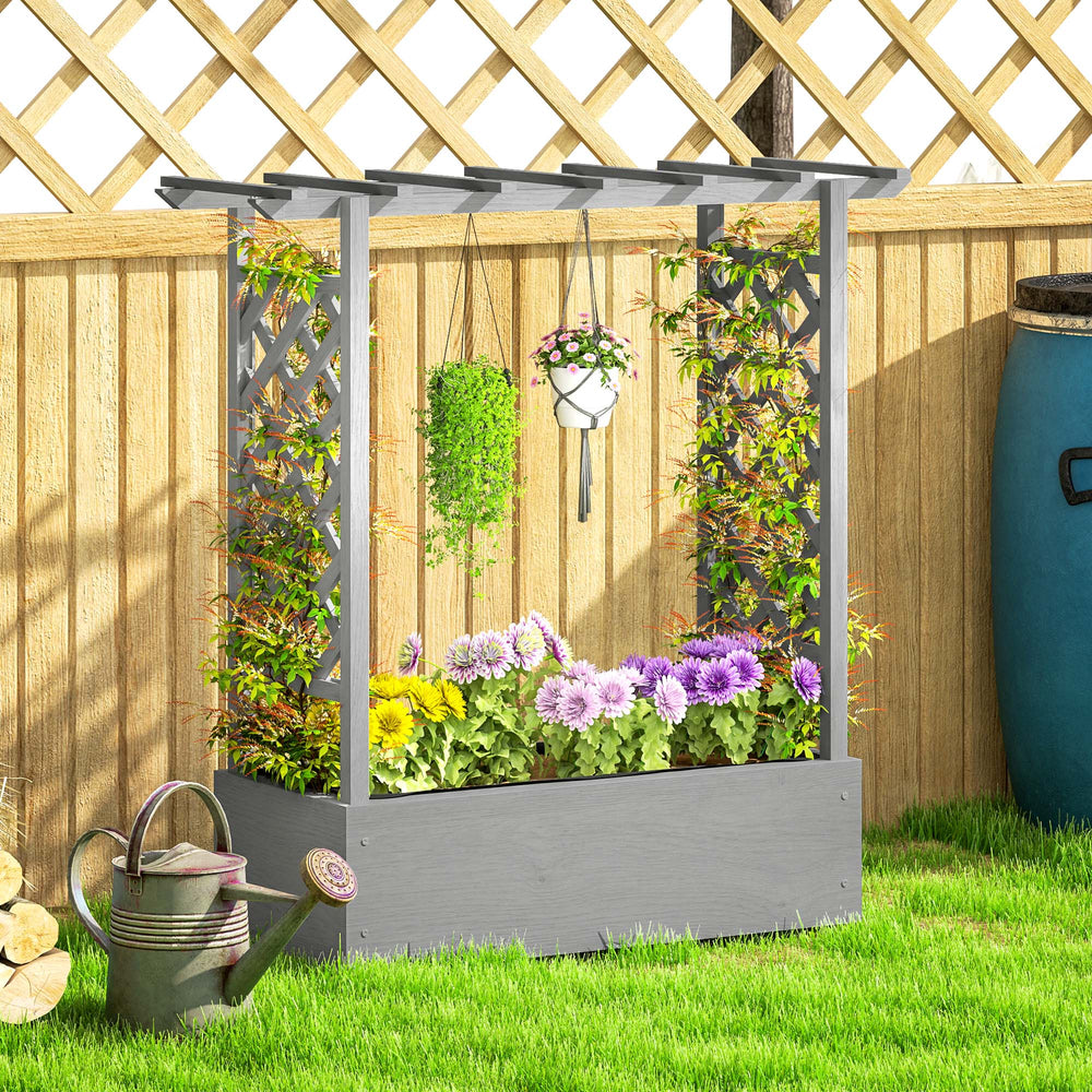 Jardinière surélevée en bois avec treillis, toit suspendu, trous de drainage et doublure de plate-bande