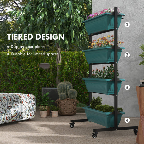 Jardinière surélevée verticale à 4 niveaux avec 4 bacs, roulettes et support pour plantes d'extérieur, vert