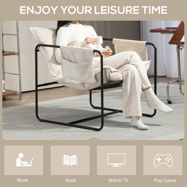 Fauteuil avec poches latérales et structure en acier, beige