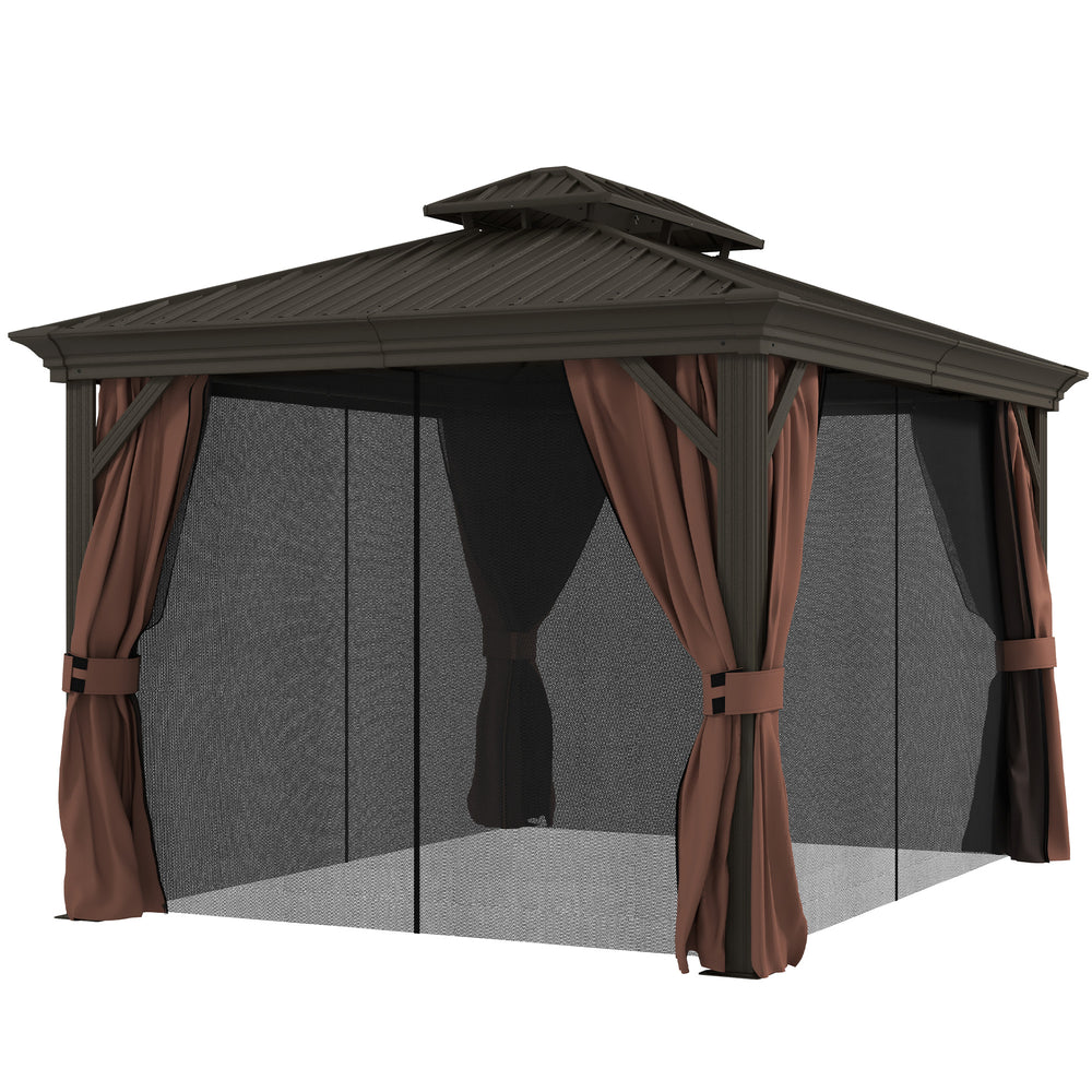 Abri marron foncé avec toit rigide, auvent galvanisé et parois en filet, idéal pour pelouse et jardin
