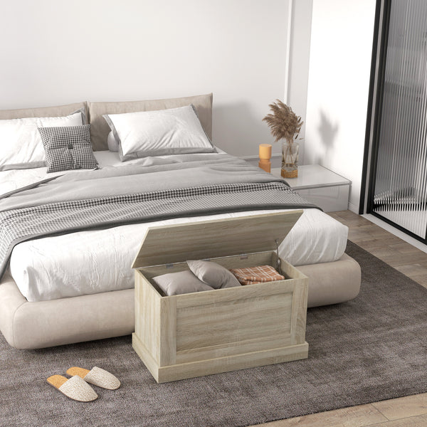 Coffre de rangement avec charnière de sécurité, aspect bois naturel