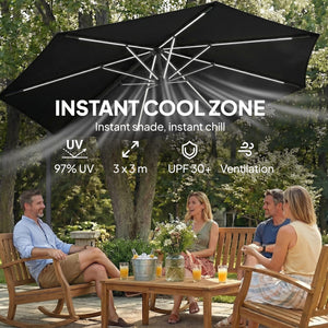 Parasol déporté de 3 m avec éclairage solaire avec rotation à 360°, inclinaison et housse de protection, noir