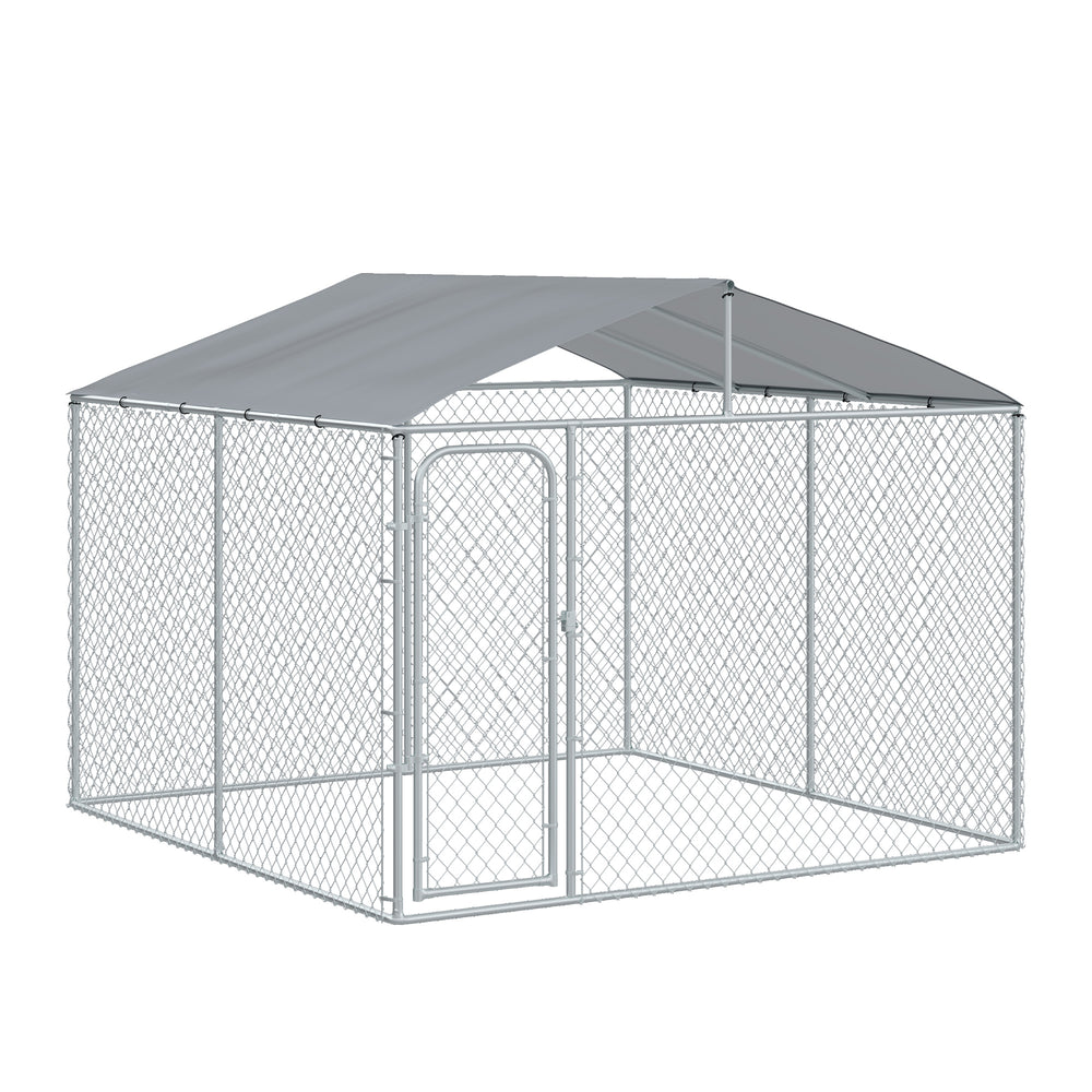 PawHut Dog Kennel Outdoor Run Fence with Roof, Steel Lock, Mesh Sidewalls for Backyard &amp; Patio, 9.8' x 9.8' x 7.7' |