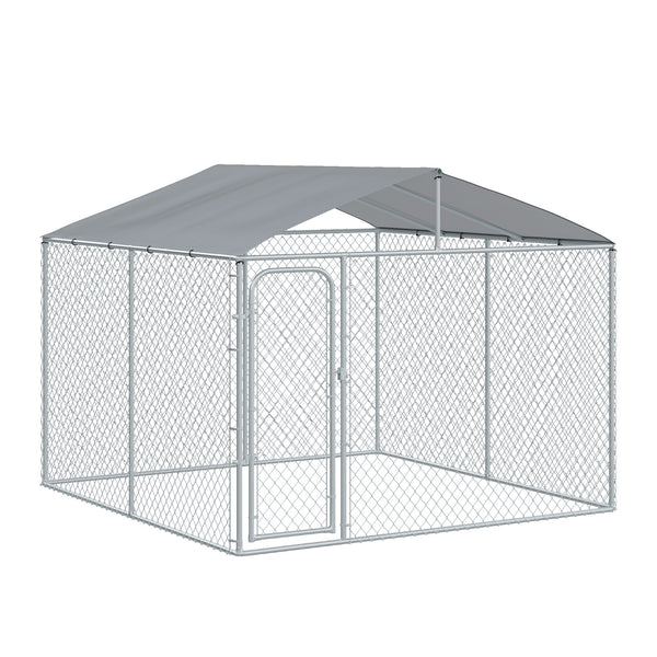 PawHut Dog Kennel Outdoor Run Fence with Roof, Steel Lock, Mesh Sidewalls for Backyard &amp; Patio, 9.8' x 9.8' x 7.7' |