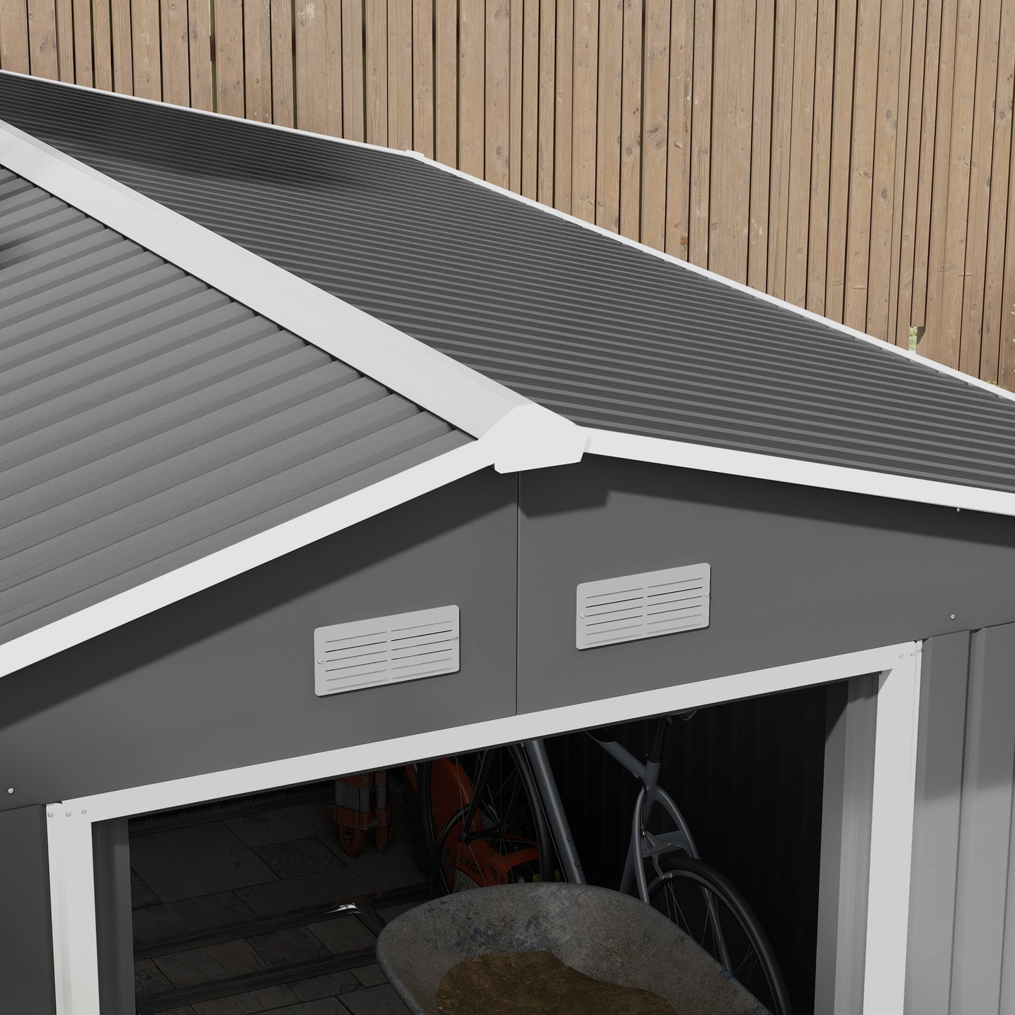 9' x 10.6' Garden Shed with Foundation Kit for Storage with Double Doors, Light Gray
