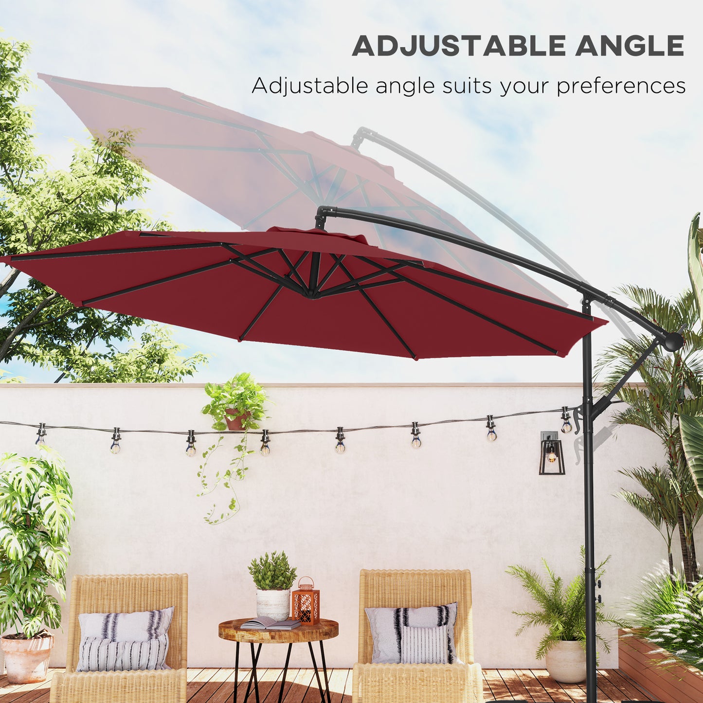 Outsunny 3m Hanging Garden Umbrella, Cantilever, Banana, with Base and Crank, Wine Red