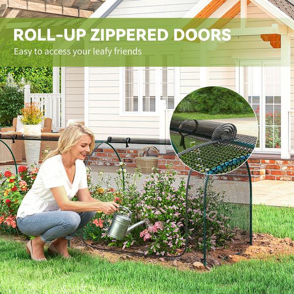 Protective plant cage with 3 zippered doors and 6 ground stakes