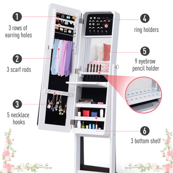 Armoire à bijoux sur pied avec miroir, éclairage LED et support, blanc