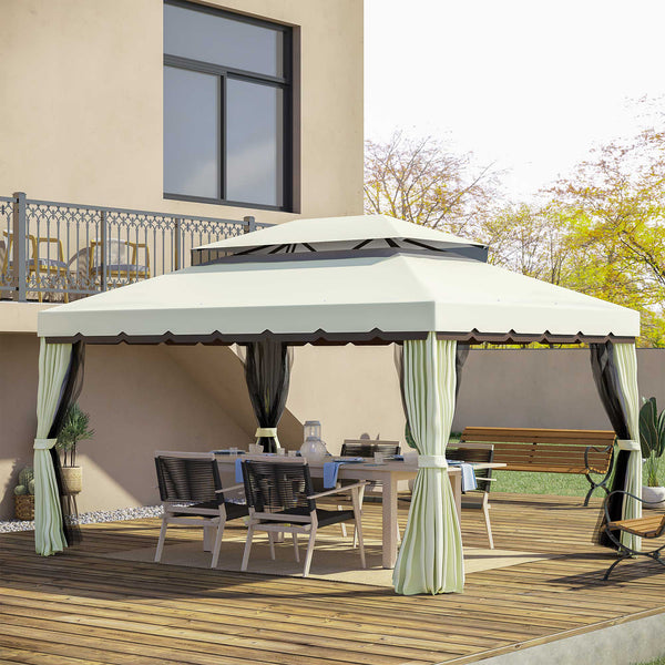 10'x13' Soft-top Aluminum Gazebo Deck Canopy Double Tier Garden Shelter with Netting and Curtains, Cream White