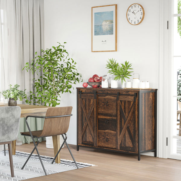 Buffet industriel avec portes coulissantes de style grange, trois tiroirs et étagères réglables, marron rustique