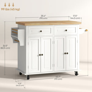 Îlot de cuisine avec rangement, roulante avec plateau en bois d'hévéa, étagère à épices, porte-serviettes, blanc crème