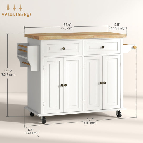 Îlot de cuisine avec rangement, roulante avec plateau en bois d'hévéa, étagère à épices, porte-serviettes, blanc crème