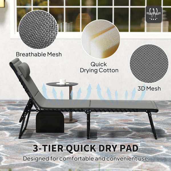 Lot de 2 chaises longues pliantes, inclinables avec coussin à séchage rapide, appuie-tête et poche latérale, gris clair