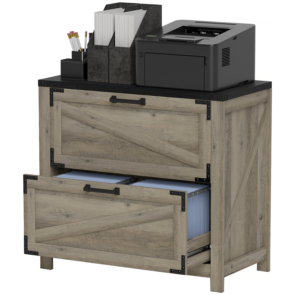 Classeur à 2 tiroirs de style campagnard avec barres de suspension réglables pour format lettre, A4, légal, gris