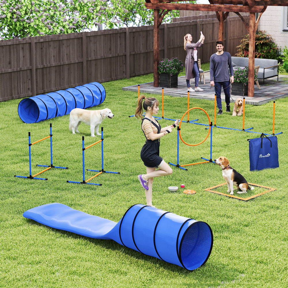 11-Piece Dog Agility Training Equipment Set, Pet Obstacle Course with 2 Tunnels, Adjustable Jumps, Orange Blue